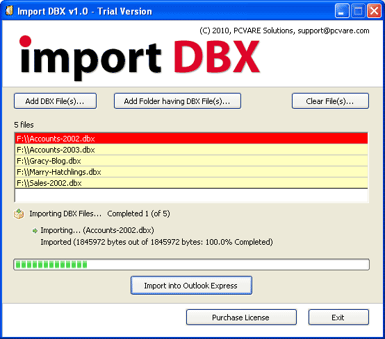 Add DBX file to Outlook Express screenshot