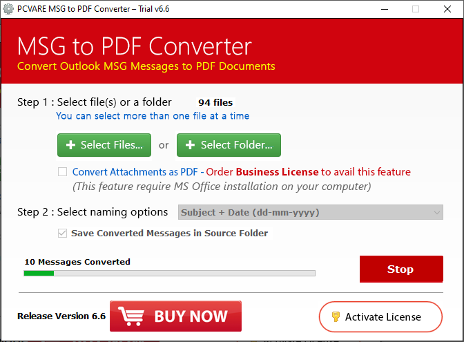 PCVARE MSG to PDF Converter Screenshot