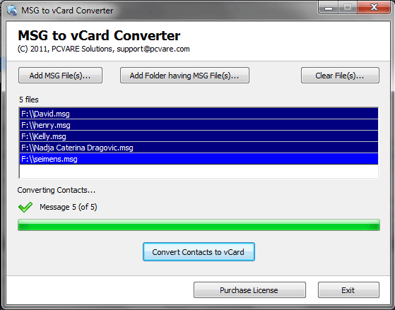 Conversion MSG to vCard screenshot