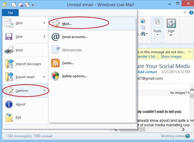 windows live mail update folder list